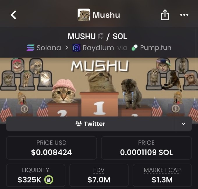 A screenshot of the Mushu (MUSHU/SOL) memecoin page on the Solana blockchain via Raydium and Pump.fun shows a price of $0.008424 USD (0.0001109 SOL), with $325K liquidity, $7.0M FDV, and a $1.3M market cap. The page features an image of various cats on a podium with the center cat (Mushu) in first place, matching the post's claim about it being the "chosen catcoin" of the FNF clan.