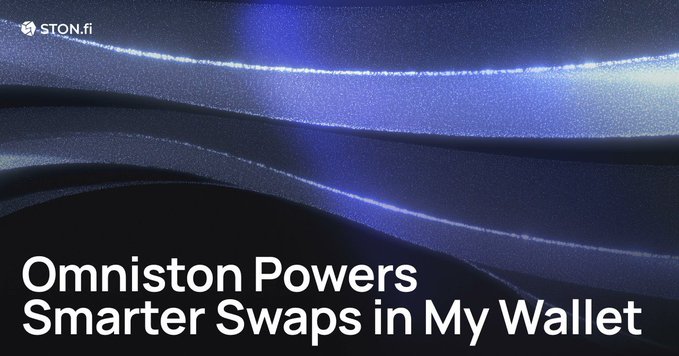 A promotional graphic with a dark blue, wavy, abstract background features the STON.fi logo in the top-left corner and the headline "Omniston Powers Smarter Swaps in My Wallet," highlighting the partnership that simplifies decentralized trading by providing users with optimal swap routes automatically.