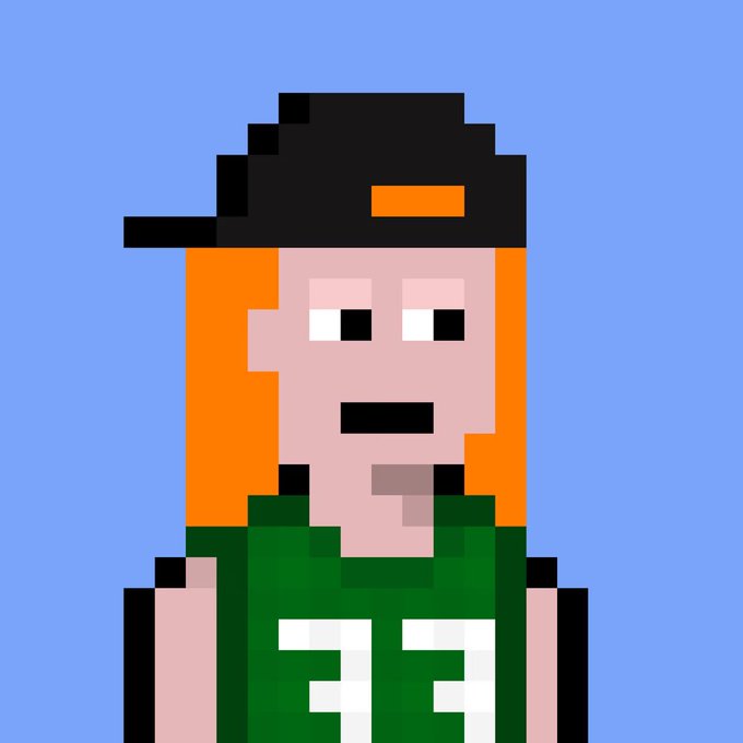 A pixel art portrait depicts a figure with orange hair, wearing a black cap with an orange detail, and a green shirt featuring the number "33" on the front. The image relates to the post "33" as the digit is prominently displayed on the character's clothing, reinforcing the number as a key identifier or signature.