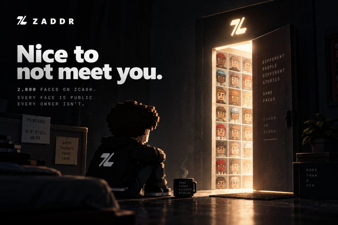 A ZADDR crypto advertisement featuring a LEGO-style figure beside a cabinet of pixelated faces, with the text 'Nice to not meet you' and '2,800 FACES ON ZCASH. EVERY FACE IS PUBLIC. EVERY OWNER ISN'T.'