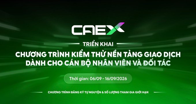 A green promotional banner for CAEX announcing a beta testing program for their trading platform aimed at staff and partners, running from 06/09 - 16/09/2026.