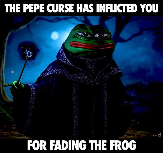 A Pepe the Frog meme depicting the character as a wizard with text reading 'THE PEPE CURSE HAS INFLICTED YOU' and 'FOR FADING THE FROG'.