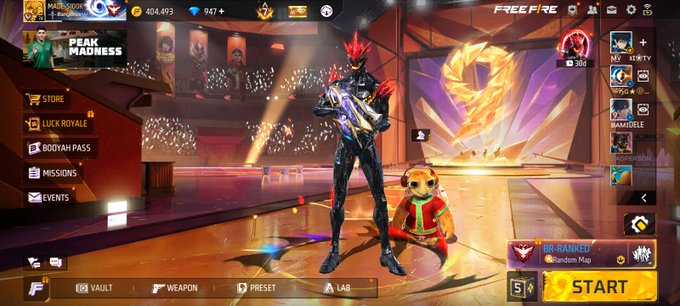 This image shows the main lobby screen of the mobile game "FREE FIRE," displaying a character in a black outfit with red glowing accents and a spiked red hairstyle holding a futuristic rifle, standing next to a cute dog companion wearing a red outfit with yellow headphones.

The player profile shows "MR KR DOON" with "Booyah!" rank, 404,493 gold, and 947+ diamonds, while the "START" button is prominent on the right, fitting the "Iykyk" (If you know, you know) caption as it represents the recognizable main menu familiar to Free Fire players ready to queue up for a match.
