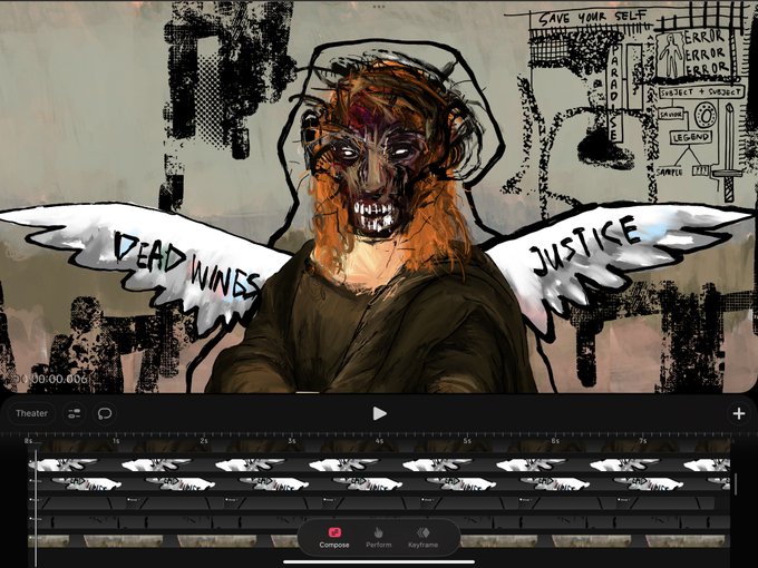 A screenshot of an animation app showing a disturbing cartoon drawing of a wild-eyed, grinning character with wings labeled 'DEAD WINGS' and 'JUSTICE', with a flowchart in the background and a timeline editor at the bottom.