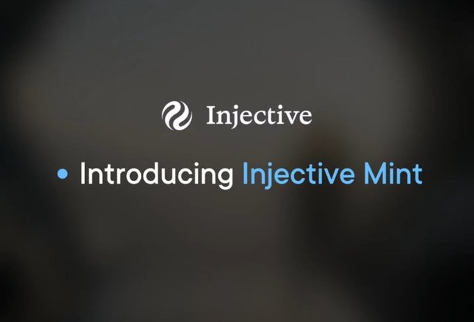 A minimalist graphic announcement with the Injective logo reads 'Introducing Injective Mint' against a blurred dark background.