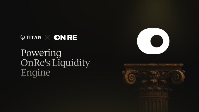 Titan and OnRe logos appear alongside the text "Powering OnRe's Liquidity Engine," visually announcing their partnership to provide deep, capital-backed RFQ liquidity for ONyc, as elaborated in the accompanying post.
