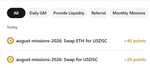 A points dashboard interface with tabs for 'All', 'Daily GM', 'Provide Liquidity', 'Referral', and 'Monthly Missions', showing today's missions including 'august-missions-2026: Swap ETH for USDC' (+40 points) and 'august-missions-2026: Swap for USDC' (+20 points).