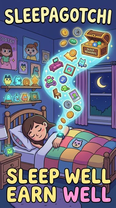 A cartoon girl sleeps peacefully in her bed while colorful coins, a treasure chest labeled "SLEEP REWARDS," and cute monster collectibles float above her under the headline "SLEEPAGOTCHI" with the tagline "SLEEP WELL EARN WELL," visually illustrating the Sleep-to-Earn Web3 concept where users earn crypto rewards for sleeping.