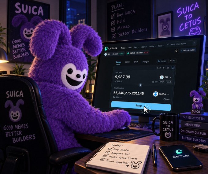 An AI-generated image of a purple furry mascot sitting at a desk using a computer displaying a token swap interface on Cetus DEX, with text 'SUICA TO CETUS' and 'GOOD MEMES BETTER BUILDERS' visible.
