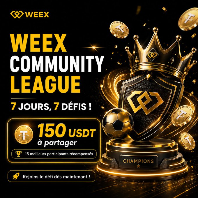 A gold and black Weex promotional poster for "WEEX COMMUNITY LEAGUE" with the tagline "7 JOURS, 7 DÉFIS!" offering 150 USDT to share among the 15 best participants, featuring a championship trophy and crown design.