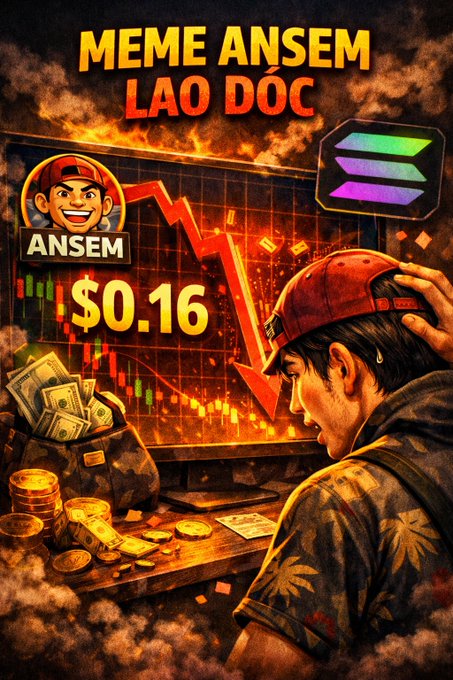 A dramatic illustration with text 'MEME ANSEM LAO ĐỐC' showing a man in a cap looking distressed at a falling crypto chart, with 'ANSEM' labeled and a price of '$0.16' alongside the Solana logo.