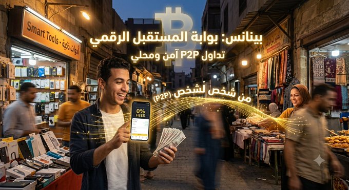 Arabic-language advertisement for Binance featuring a smiling man holding cash and a phone showing "0% FEES," with text promoting a future of digital finance, secure P2P transactions, safe and local trading.