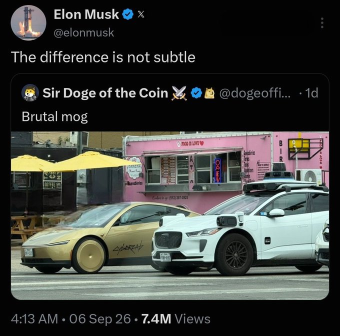 An Elon Musk tweet reads 'The difference is not subtle', quoting @dogeoffi who posted 'Brutal mog' with an image of a gold Tesla Cybertruck next to a white Waymo self-driving car.