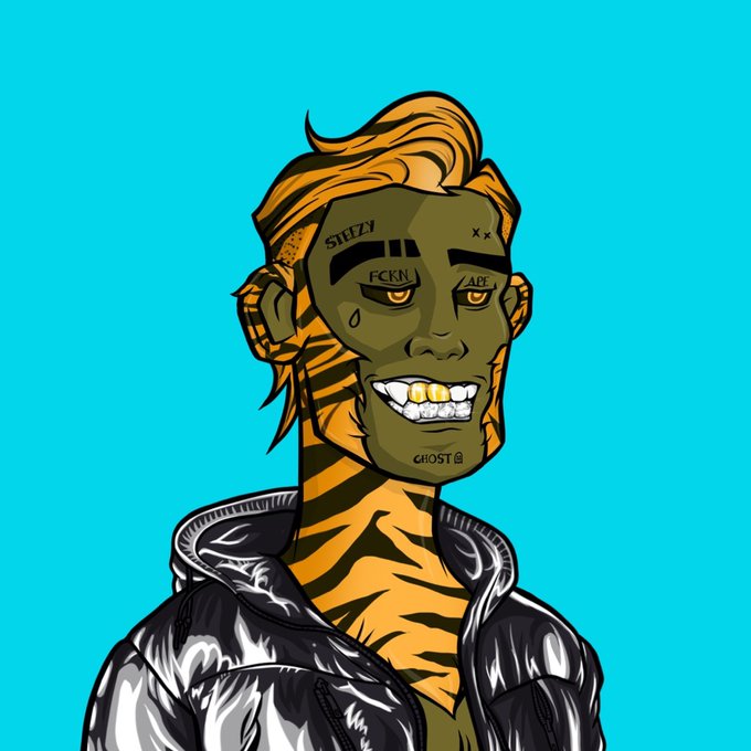A stylized digital illustration of a character with orange hair and tiger-striped skin wearing a black and white jacket. The character has face tattoos reading "STEEZY," "FCKN," "ADE," and "GHOST," with a gold tooth visible in his smile, set against a teal background.