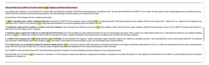 The image is a text-based document titled "5 Reasons Why the CLARITY Act Could Accelerate XRP's Adoption and Modern Global Finance," outlining arguments such as XRP's commodity status, institutional capital certainty, and global legal clarity under frameworks like OECD's QDD standards and the U.S. legal standard for tokenized capital markets, directly supporting the post's claim that regulatory clarity would benefit XRP and align with Evernorth's structure.