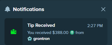 A notification from a gambling/casino platform shows the user received a $388.00 tip from "grontron" at 2:27 PM, likely related to the big win mentioned in the accompanying post.
