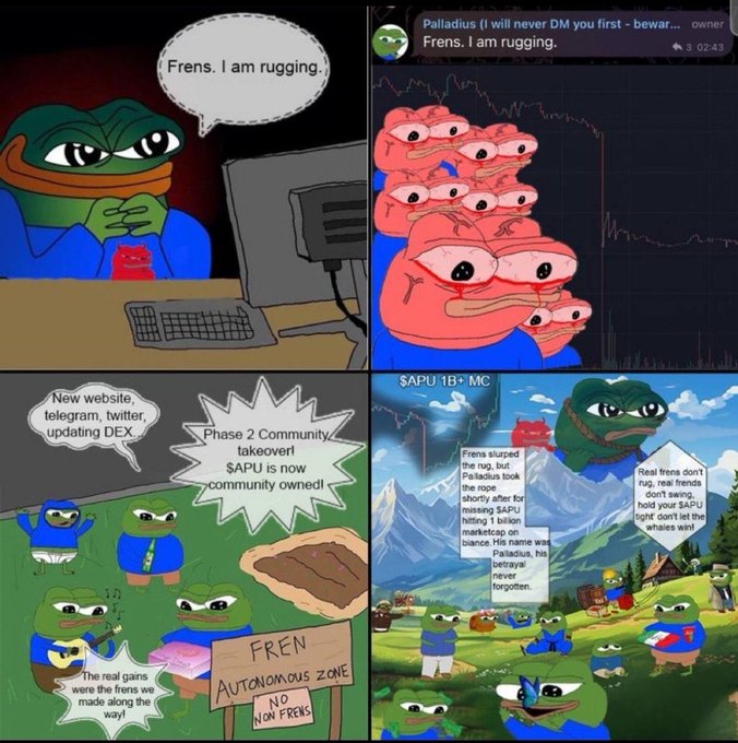 A four-panel meme features Pepe the Frog characters discussing cryptocurrency, with speech bubbles reading 'Frens. I am rugging,' 'Phase 2 Community takeover! $APU is now community owned!', and references to Palladius and $APU.