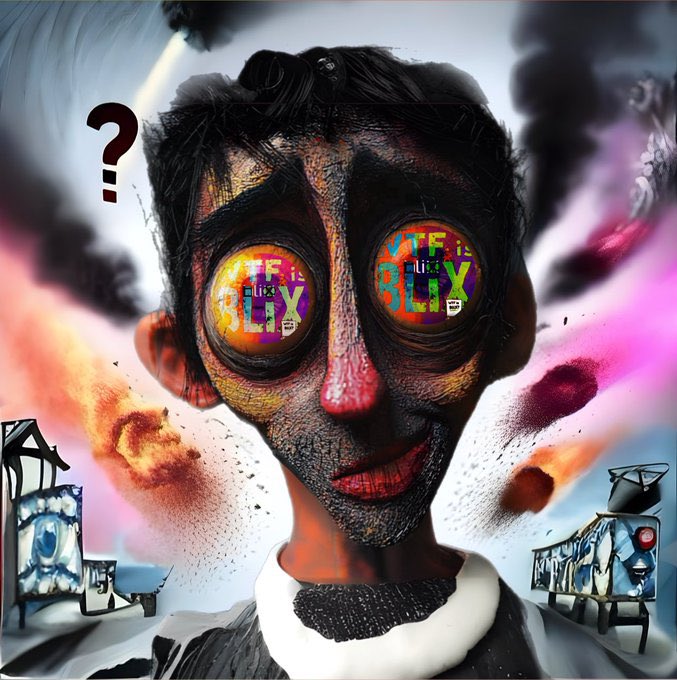 A glitchy, distorted digital portrait of a man with question marks above his head, featuring 'YTF in BUX' text reflected in his eyes, with fiery and chaotic background elements.