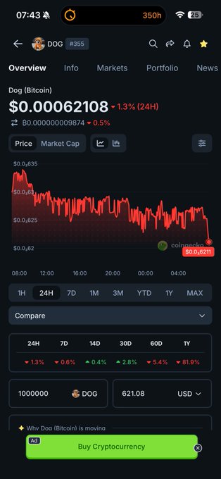 A mobile crypto tracking app showing the price of Dog (Bitcoin), ticker DOG, at $0.00062108, with a 24-hour price chart and a 24H decline of 1.3%.