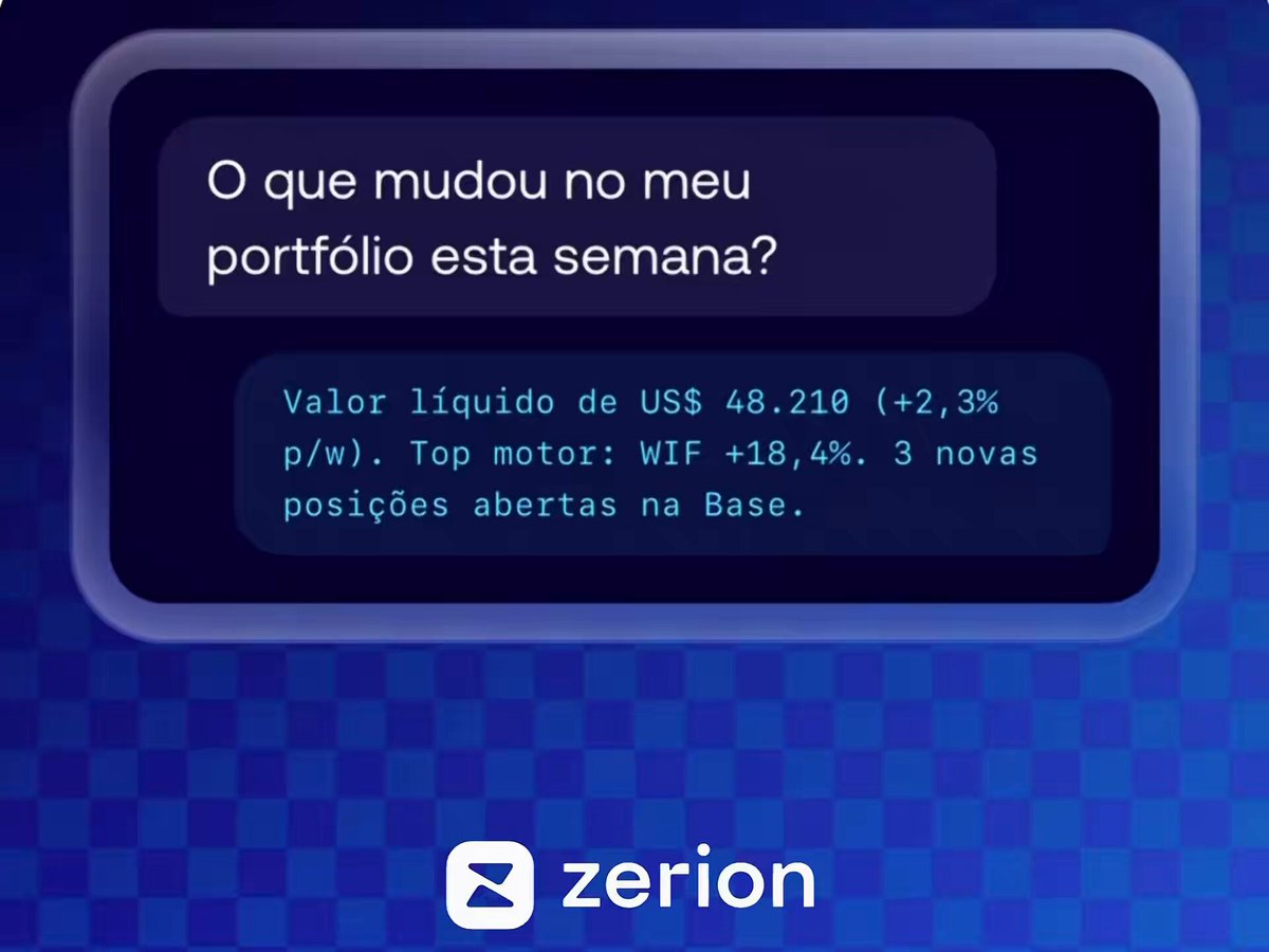 The image shows a blue background with white text that reads "O que mudou no meu portfolio esta sema? Valor liquido do uss 48, 218 (2/3)% posibilidades abertas na base". The text is in Spanish and it appears to be part of an advertisement or promotional material for a cryptocurrency wallet.