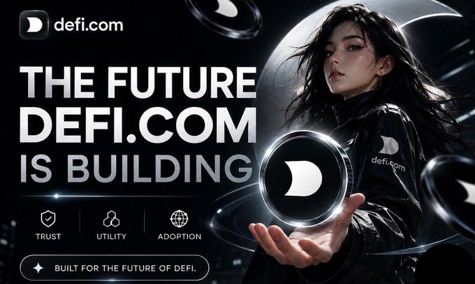 A promotional graphic for defi.com features a dark-haired woman in a black jacket holding a glowing circular logo, with the text 'THE FUTURE DEFI.COM IS BUILDING' alongside icons for 'TRUST', 'UTILITY', and 'ADOPTION', and the tagline 'BUILT FOR THE FUTURE OF DEFI.'