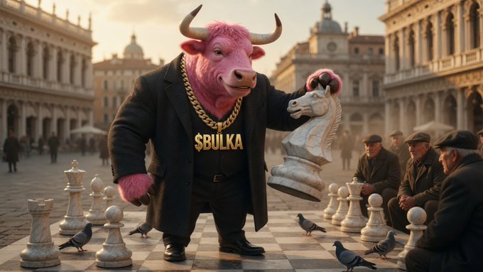 AI-generated image of a pink anthropomorphic bull wearing a gold chain labeled '$BULKA' and a black coat, holding a giant chess knight piece in a city plaza.