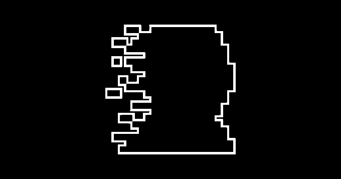 A minimalist black and white pixel-art style outlined profile of a person's head on a black background.