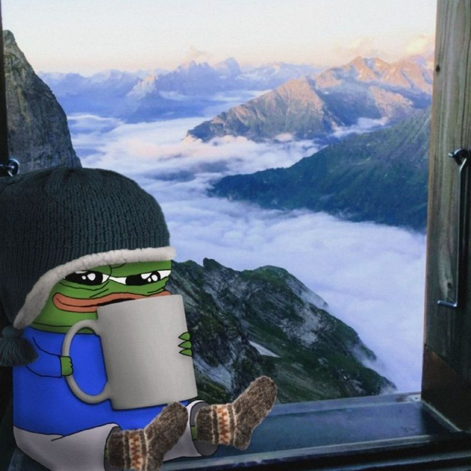 The Pepe the Frog meme character, wearing a cozy winter hat and holding a coffee mug, sits calmly by a window overlooking a breathtaking mountain landscape with clouds rolling through the peaks. The "gm!" (good morning) post pairs perfectly with this serene sunrise moment, capturing the peaceful vibe of starting a new day with warm coffee and majestic views.