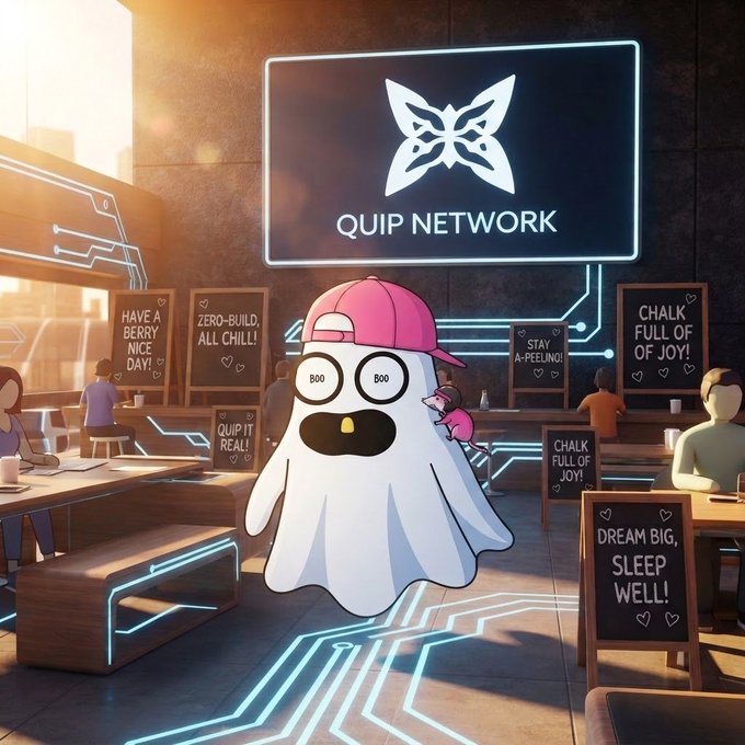 A cartoon ghost character wearing a pink cap sits in a neon-lit cafe beneath a 'QUIP NETWORK' sign, surrounded by chalkboards with humorous messages like 'CHALK FULL OF JOY!' and 'DREAM BIG, SLEEP WELL!'.