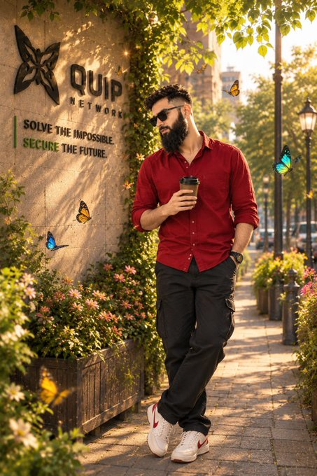 A bearded man in a red shirt and sunglasses holding a coffee cup, standing next to a wall with 'QUIP NETWORK' logo and 'SOLVE THE IMPOSSIBLE. SECURE THE FUTURE.' text, with butterflies around him.