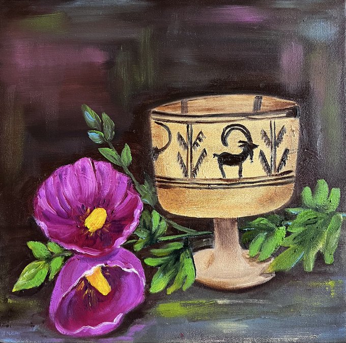 A painted still life showing a decorated goblet with goat motifs next to purple flowers with yellow centers against a dark background.