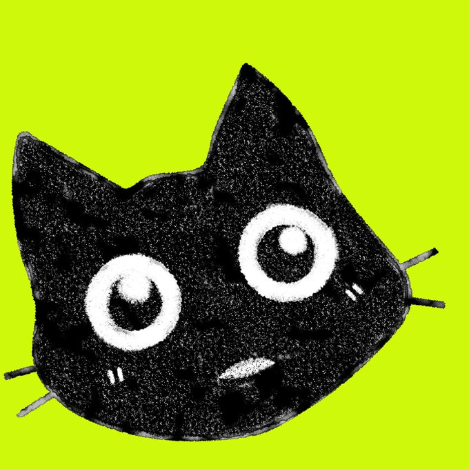 A stylized, grainy illustration of a black cat face with large, expressive eyes and whiskers, set against a bright yellow-green background.