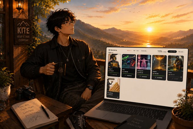 An anime-style illustration of a young man holding a 'KITE' coffee mug, with a sign reading 'KITE KEEP IT TRUE EVERYDAY' behind him, sitting next to an open laptop showing a 'Nanotrasen' website interface.