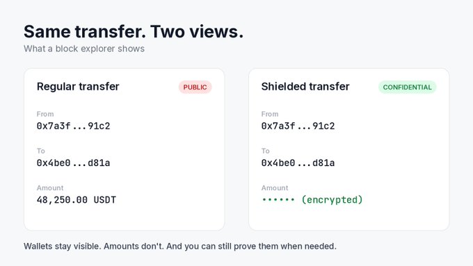 The graphic, titled “Same transfer. Two views,” contrasts a public 48,250.00 USDT transfer between addresses 0x7a3f…91c2 and 0x4be0…d81a with an otherwise identical confidential transfer showing “****** (encrypted).” It illustrates Primus Labs’ Confidential Finance concept: transaction wallets remain visible, but amounts can be hidden—while still proving the transfer when needed.