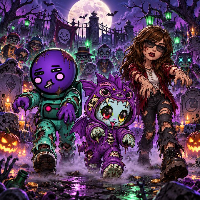 A Halloween-themed digital artwork featuring a zombie-like girl, a robot, and a creepy creature in a graveyard with a full moon, skull banner, and pumpkins.