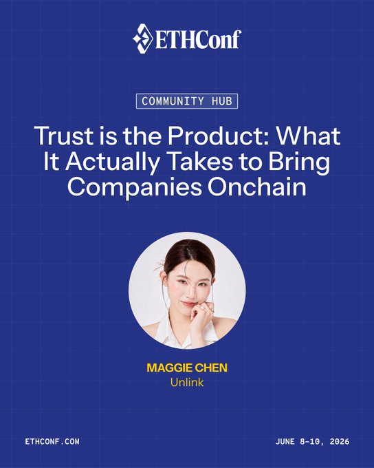 The image features a woman with brown hair wearing a white shirt, who appears to be smiling at the camera. The background of the image is blue, which contrasts with her attire. Below her photo, there's text that reads "Trust is the Product: What It Actually Takes to Bring Companies Onchain @cxqmaggie from @unlink_xyz walks us through why crypto UX still sucks and what it actually takes to bring outsiders onchain". The woman in the image seems to be promoting a product or idea related to trust, as she is featured prominently in the image.