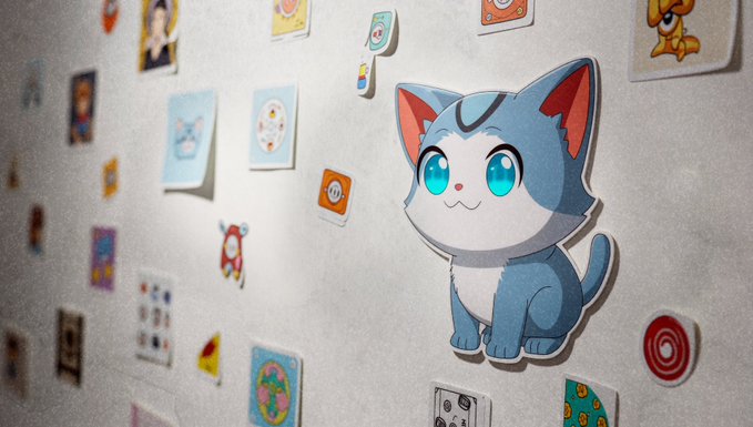 A cute blue cartoon cat sticker with big sparkling eyes is displayed on a wall alongside various other colorful stickers and artwork. The image complements the post's call for brand ambassadors by giving the "Wen" mascot a friendly, approachable presence that could help attract community members and partners for the upcoming bull run initiative.