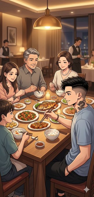 The image depicts a family sitting around a dining table at a restaurant, enjoying their meal together. The scene includes multiple people seated at the table with various dishes placed before them. A man wearing a blue shirt can be seen eating food from his plate while others are engaged in conversation or focused on their meals. The overall atmosphere suggests a warm and pleasant gathering of family members sharing a meal and spending quality time together.