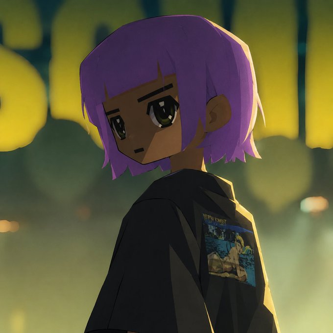 Anime-style illustration of a character with short purple hair and dark skin wearing a black jacket with a graphic patch on the back, set against blurred yellow lights.