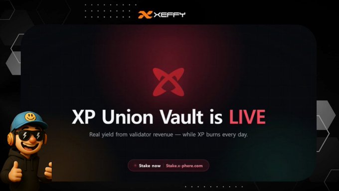 The promotional banner announces "XP Union Vault is LIVE" with a tagline about real yield from validator revenue and XP burns, directing users to "Stake now" at stake.x-phere.com. The image features the XEFFY mascot giving a thumbs-up alongside the Xphere logo, visually reinforcing the post's announcement of the XPHERE UNION launch and its early staker reward campaign.