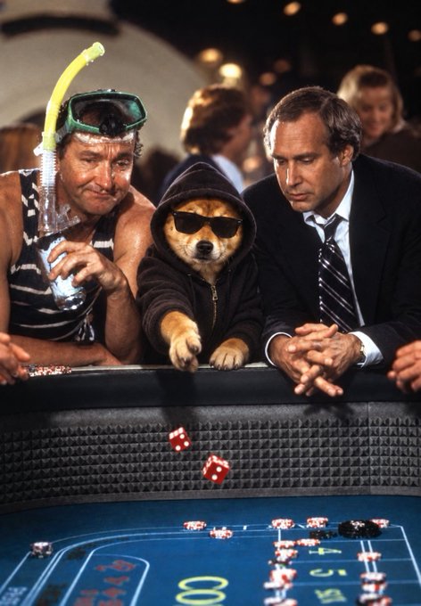 An AI-generated image shows a dog wearing a black hoodie and sunglasses sitting at a craps table between two men, with dice mid-roll.