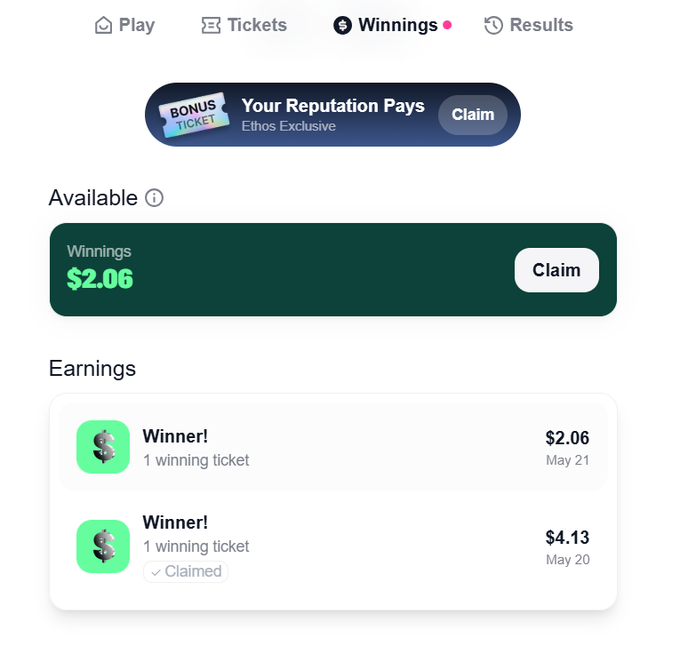 A mobile app interface for Ethos showing 'Winnings' of $2.06 available to claim, with an earnings history showing previous winnings of $2.06 on May 21 and $4.13 on May 20.