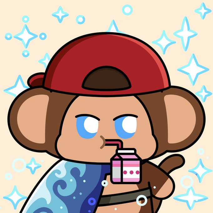 A cartoon chimpanzee wearing a red backwards cap sips from a pink juice box with a straw, surrounded by blue sparkles. The image ties into the "Chimpers" NFT brand mentioned in the post, featuring the signature cool, street-style monkey mascot of the collection.