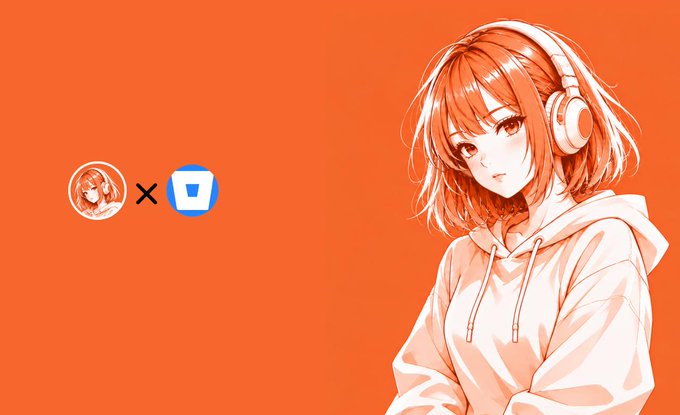 An anime-style illustration of a red-haired girl with headphones on an orange background, featuring a small circular logo and a blue icon to the left.