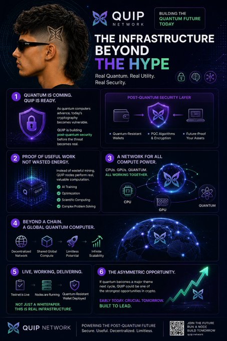 The image features a poster or flyer for Quip Network, which is an organization dedicated to building the infrastructure needed for Quantum Computing. They are working towards creating real-world applications that can support blockchain technology, AI, and complex optimization systems. The poster highlights their focus on these emerging technologies and how they aim to bring them into reality.