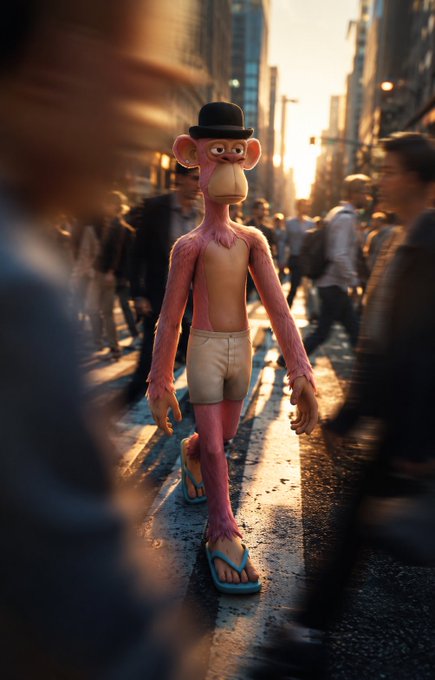A pink monkey character wearing a black bowler hat and beige shorts walks through a crowded city street wearing flip-flops.