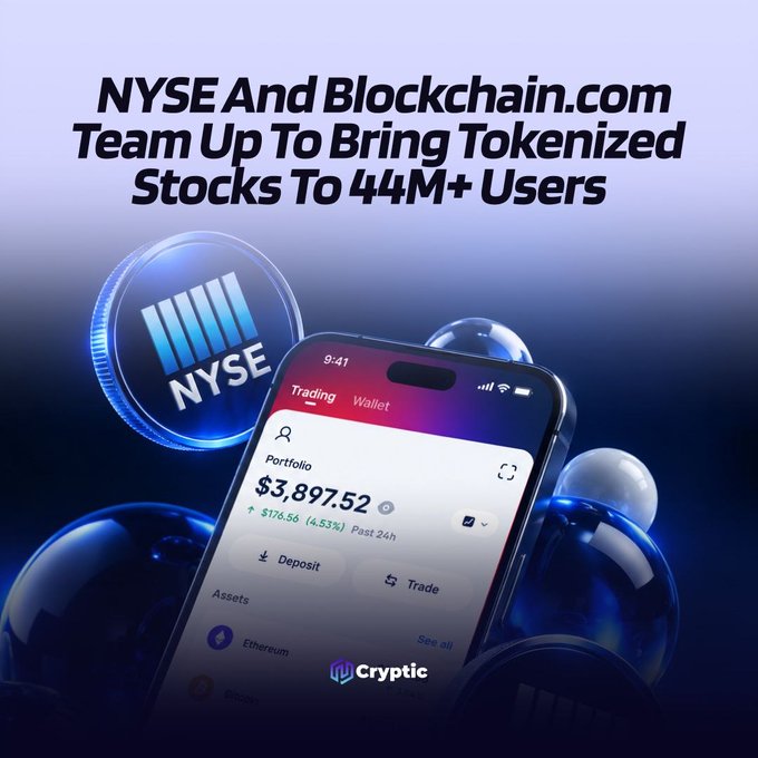 The image is a stylized cartoon eye illustration featuring a blue iris with a light blue pupil, a yellow eyebrow, and a pink "minus" or prohibition symbol in the lower right corner. The graphic visually represents the post's news that NYSE is partnering with Blockchain.com to bring tokenized U.S. stocks and ETFs to its 44M+ accounts, with the "minus" symbol possibly suggesting a "no" or restriction element—perhaps referencing the "pending regulatory approval" mentioned in the post.
