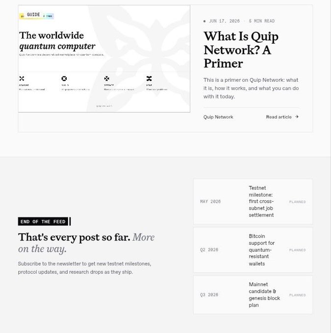 Webpage preview titled 'What Is Quip Network? A Primer' dated June 17, 2026, featuring an article on the worldwide quantum computer and upcoming testnet milestones for 2026.