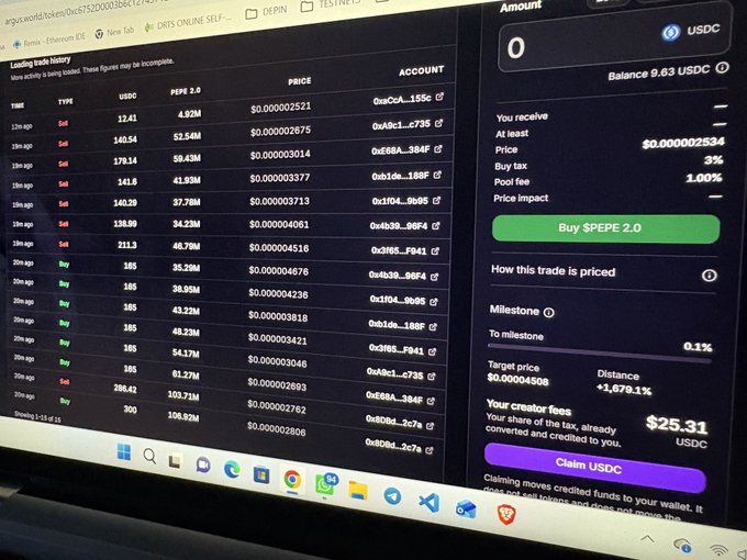 A computer screen displays the Argos (argus.world) trading platform showing recent buy and sell orders for a token priced at approximately $0.000002534, with visible transaction amounts ranging from 12.41 to 211.3 USDC. The interface shows a balance of 9.63 USDC, a 3% buy tax, and $25.31 in creator fees ready to claim, illustrating the early returns from the token launch mentioned in the post.