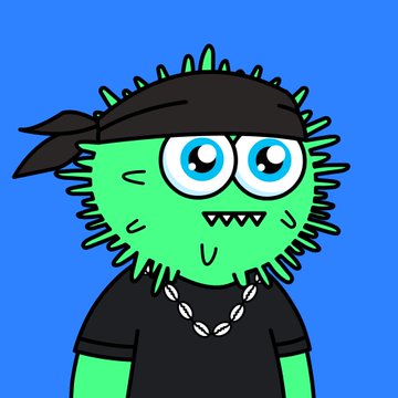 A cartoon illustration of a green, furry monster-like character with large blue eyes, wearing a black bandana, black shirt, and silver chain necklace against a blue background.